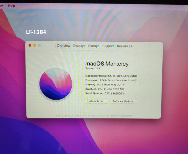 (LT-1284)-MacBook Pro A1398 (5,4) / 15.4 in Retina / Intel i7 @ 2.0GHz / 8GB RAM / 512GB SSD - Image 3
